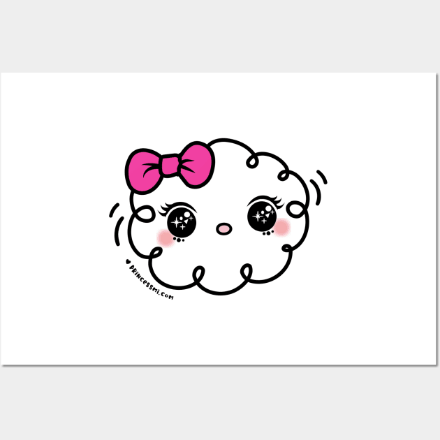 cute kawaii cloud with pink ribbon and big bing bing eyes Wall Art by princessmi-com